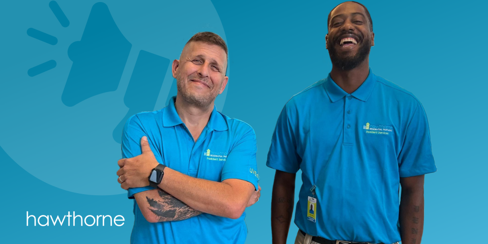 Two people in blue shirts stand against a blue background with a megaphone graphic, signaling "Hawthorne Apartment Maintenance "